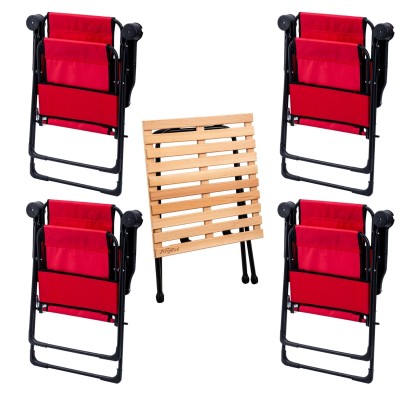 Kırmızı 4’lü Kamp Sandalyesi ve Ahşap Desenli Katlanabilir Masa Seti