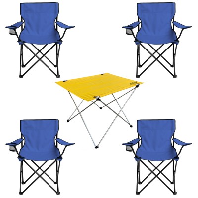 4’lü Lacivert  Kamp Sandalyesi ve Sarı Katlanabilir Masa Seti