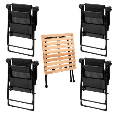 Siyah 4’lü Kamp Sandalyesi ve Ahşap Desenli Portatif Masa Seti