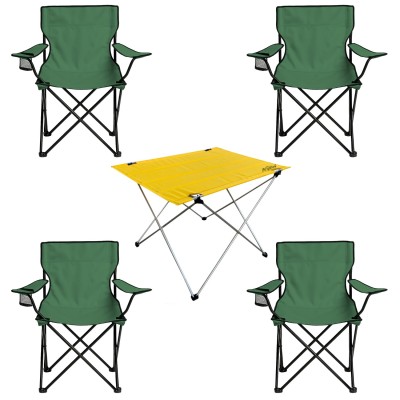 4’lü Yeşil Kamp Sandalyesi ve Sarı Katlanabilir Masa Seti