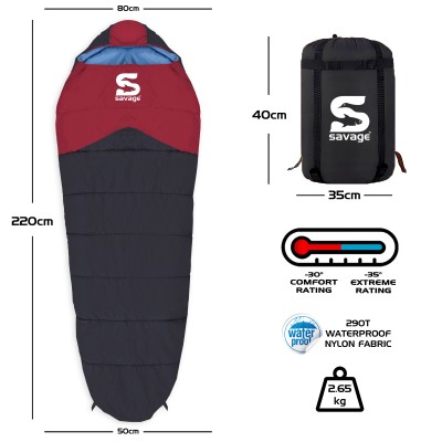 Bordo - Siyah Ultra Soğuk Koşullar Uyku Tulumu -35°C Extreme | Kış Kampı Ekipmanı