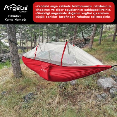Kırmızı Sineklikli Kamp Hamak | Hafif, Koruyucu ve Kolay Kurulum