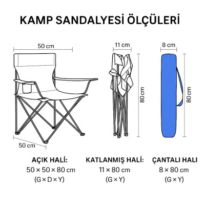 Mavi Katlanabilir Kamp Sandalyesi | Dayanıklı Çelik Gövde ve Bardaklıklı Model